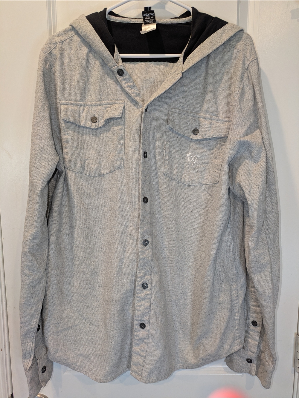 Dye Precision Hooded Button Up Shirt XL Gray Flannel Style Cotton Casual